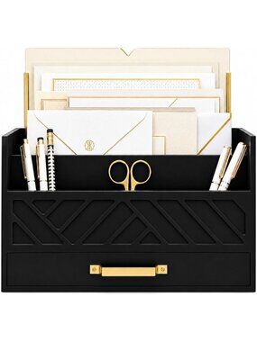Wooden Mail Organizer with Drawer & Gold Handle | Desk Mail Sorter & Letter